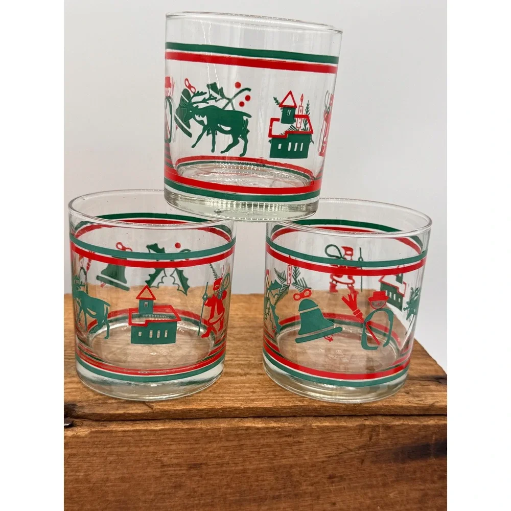 Vintage Nadir Figueiredo Brazil Christmas Rocks Glasses Set of 5 Moose Santa Red